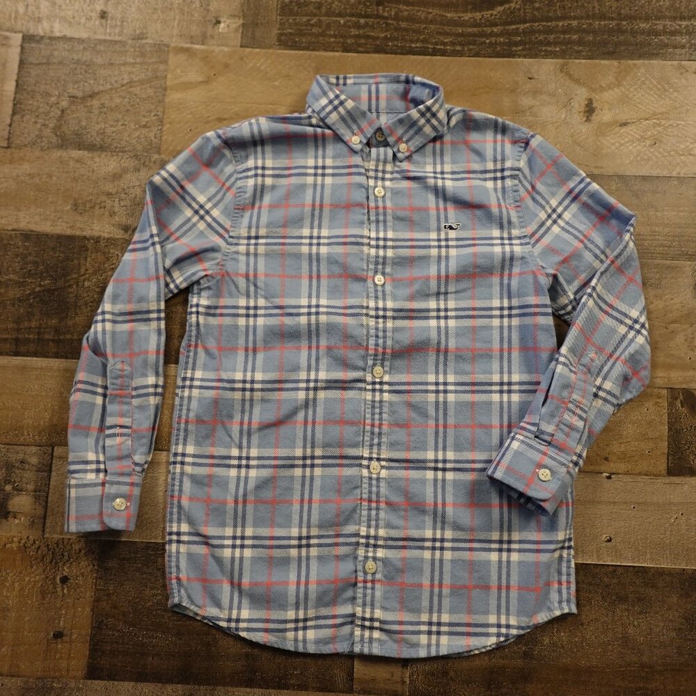 Vineyard Vines Button Down Shirt Boys Small Blue Plaid Whale Logo‎ Cotton